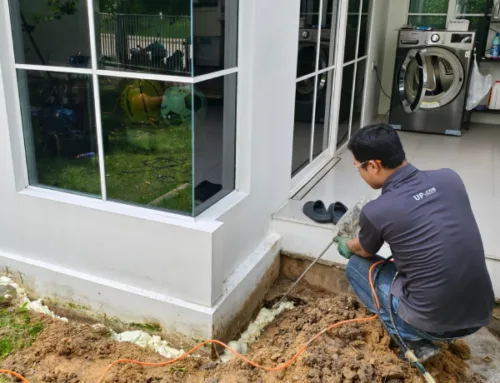 พื้นรอบบ้านทรุดฉีด PU Foam ปิดโพรงป้องกันน้ำกัดเซาะ